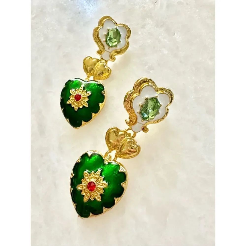 Emerald green heart dangle earrings